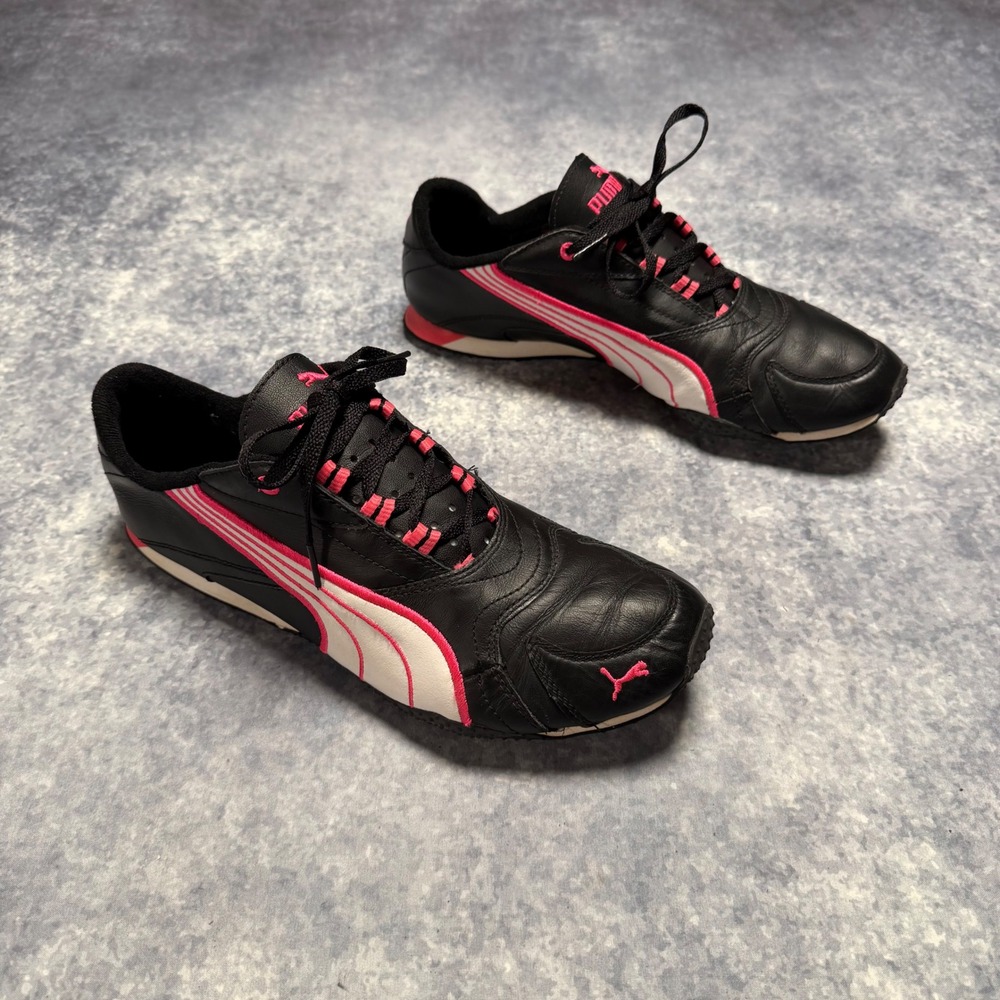 Vtg Puma Womens 9.5 Black Pink Leather Low Profile Driving Sneakers Soleil Y2K
